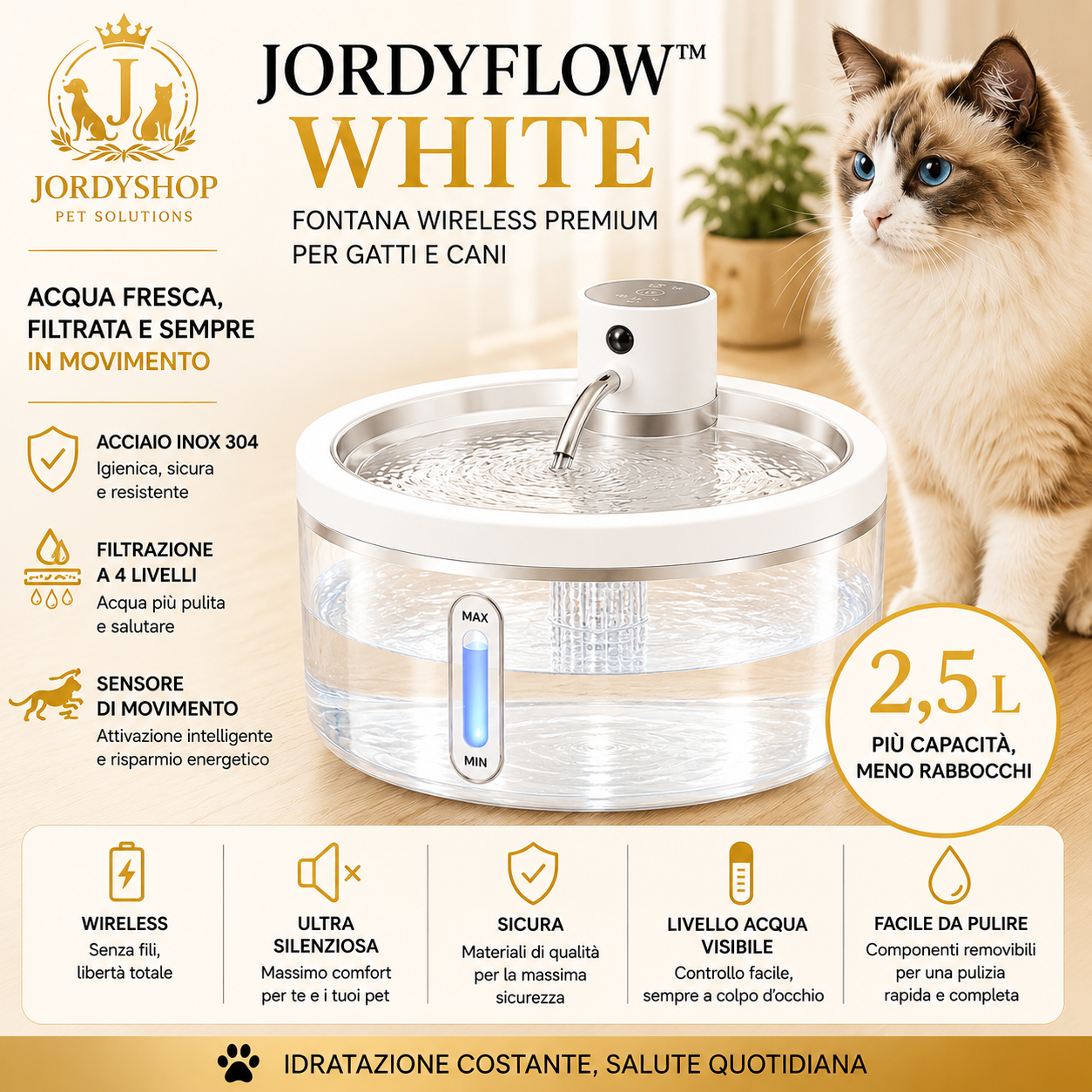 JordyFlow™ White - Fontana Wireless Premiunm per Gatti e Cani