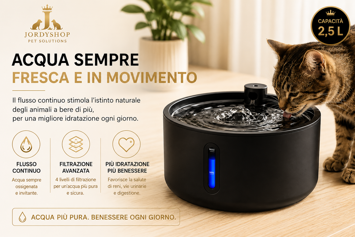 JordyFlow™ Black - Fontana Wirless Premiun per Gatti e Cani