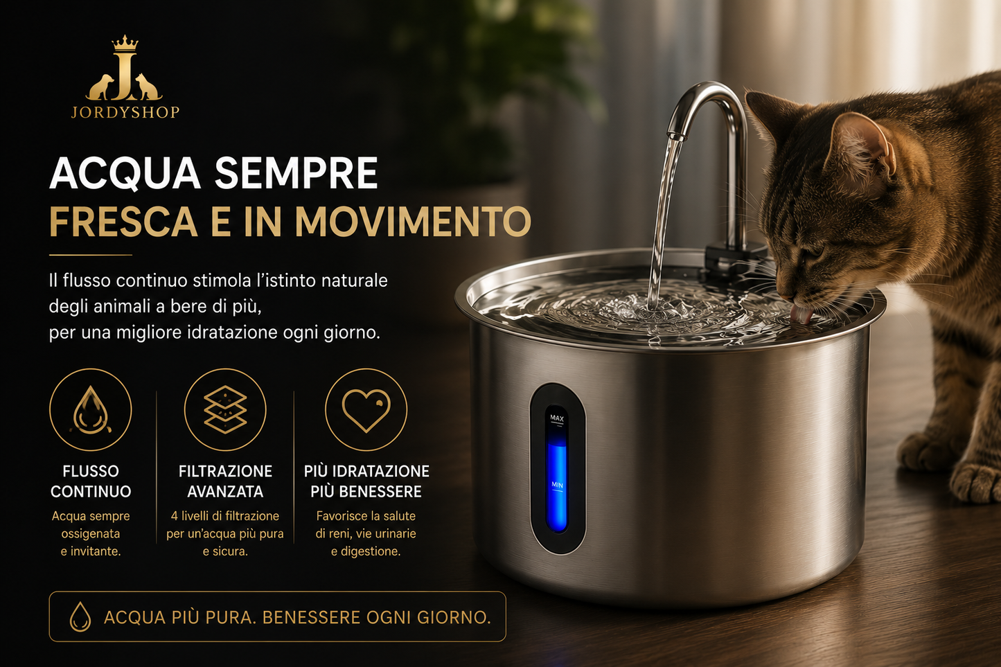 JordyFlow™ Pure+ Fontana Wirless Premium in acciaio Inox per Gatti e Cani