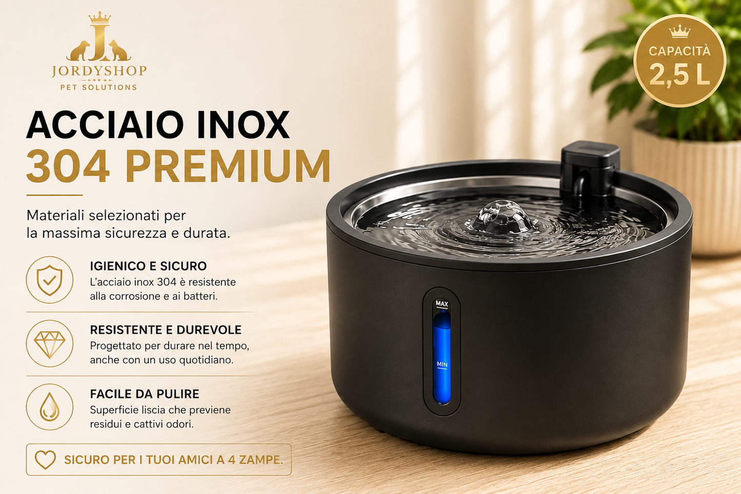 JordyFlow™ Black - Fontana Wirless Premiun per Gatti e Cani