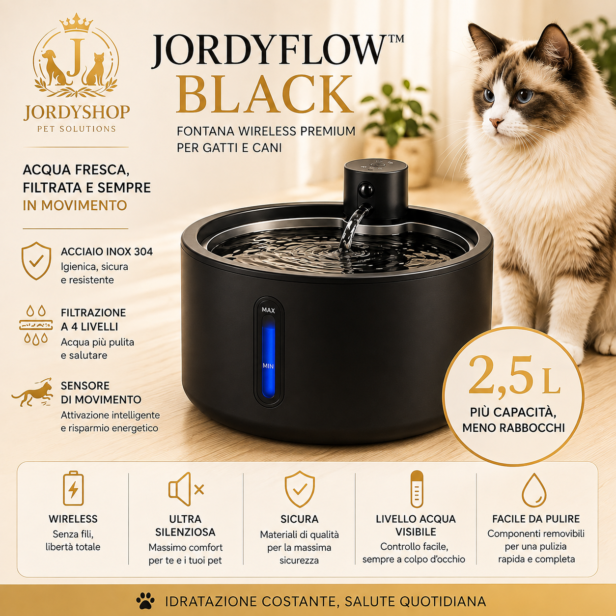 JordyFlow™ Black - Fontana Wirless Premiun per Gatti e Cani