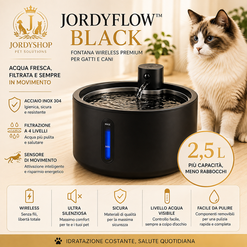 JordyFlow™ Black - Fontana Wirless Premiun per Gatti e Cani